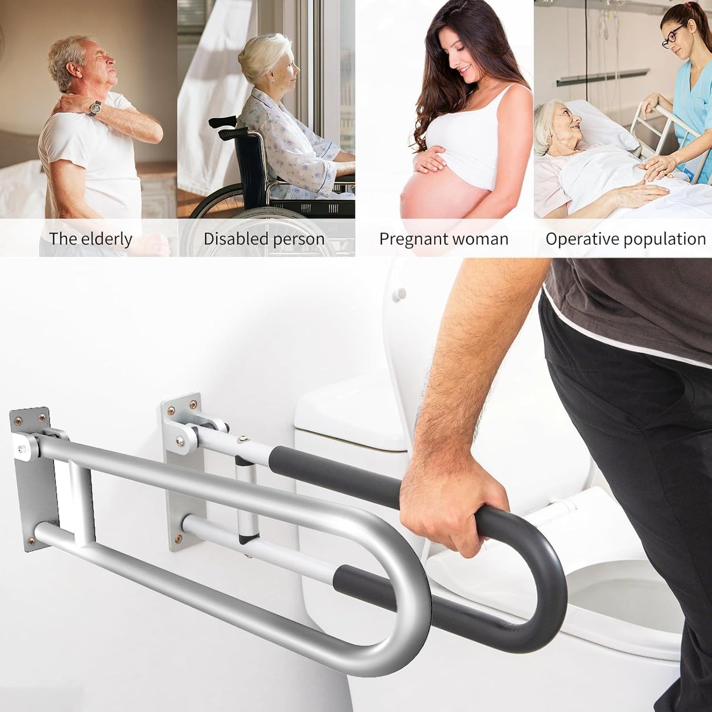 28 Inch Toilet Grab Bar Flip Up Aluminum Handicap Rails Grab Bars Load Capacity of 100 kg/220 lbs Toilet Rail Bathroom U Shaped and Wall Mou