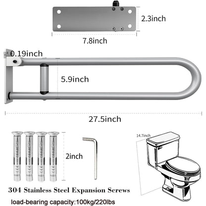 28 Inch Toilet Grab Bar Flip Up Aluminum Handicap Rails Grab Bars Load Capacity of 100 kg/220 lbs Toilet Rail Bathroom U Shaped and Wall Mou