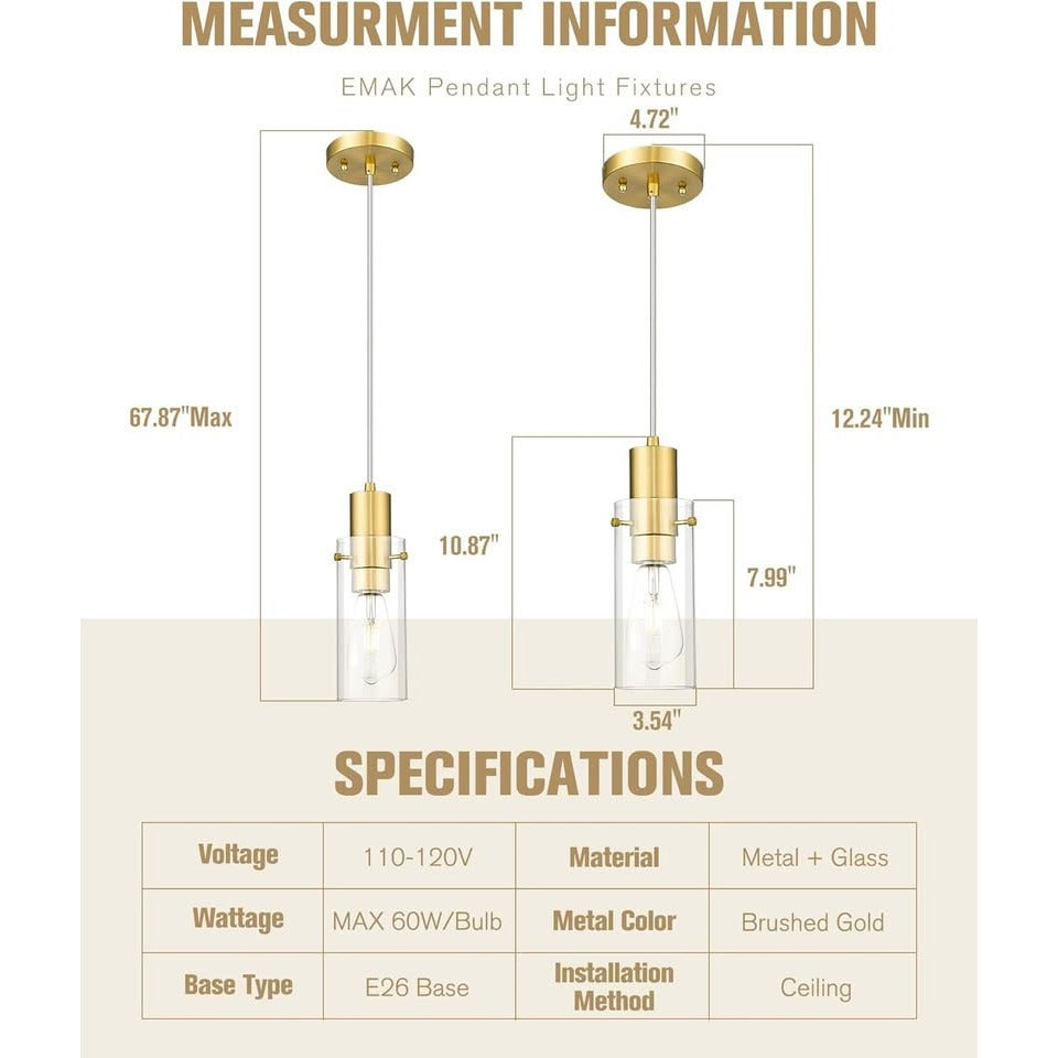 2 Pack Pendant Lights Kitchen Island, Brushed Gold Pendant Light Fixtures with Clear Glass Shade