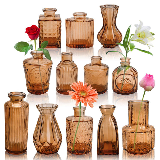 12pcs Amber Glass Vases Set For Flowers & Decor Vintage Style Small Size High-Quality Ideal For Home Wedding & Office Decoration