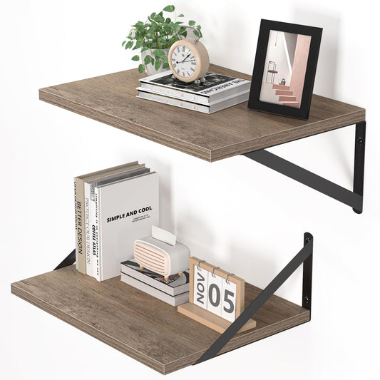 Rustic Wood Floating Shelves With Sturdy Metal Brackets 16"x12"x6" Set Of 2 Wall-Mounted For Storage & Decor