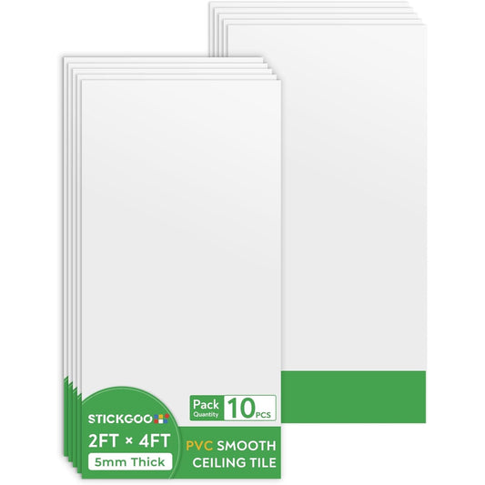 STICKGOO Drop Ceiling Tiles 2ft x 4ft, White PVC Ceiling Panels, Soomth Ceiling Tiles 24 x 48in, Waterproof - Fire-Rated to Prevent Breakage