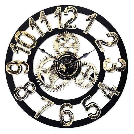 TopRace 16 Inch Round Wall Clock Antique Handmade Wooden Vintage 3D Gear Design by Chevy K. Gold with Numbers