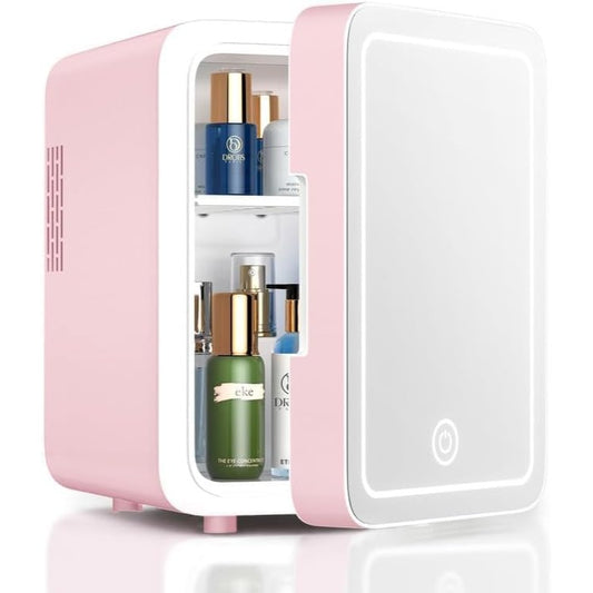 4L Compact Portable Mini Fridge With Mirror Door Electric Cooler & Warmer Dimmable LED Light AC/DC Power Pink