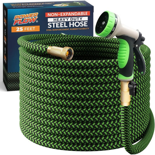 PowerFlow Garden Hose, NON-EXPANDABLE 25 Feet Premium Quality Stainless Steel Metal Water Hose with