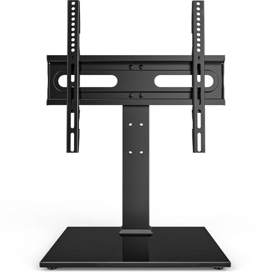 Universal TV Stand - Table Top TV Stand for 27-60 inch LCD LED TVs - 9 Level Height Adjustable TV Base Stand with Tempered Glass Base & Wire