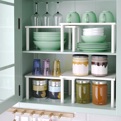 2-Tier Adjustable White Countertop Shelf Organizer For Kitchen/Bathroom/Vanity  Strong Construction & Non-Slip Design  Easy Assembly